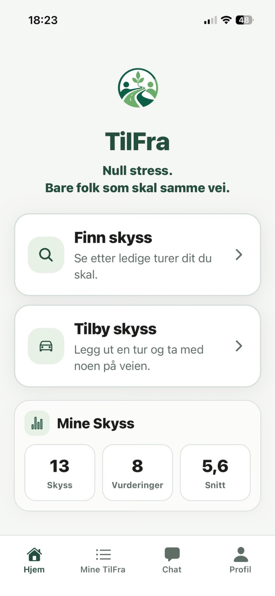 TilFra Hjem-skjerm med Finn skyss, Tilby skyss og Mine Skyss